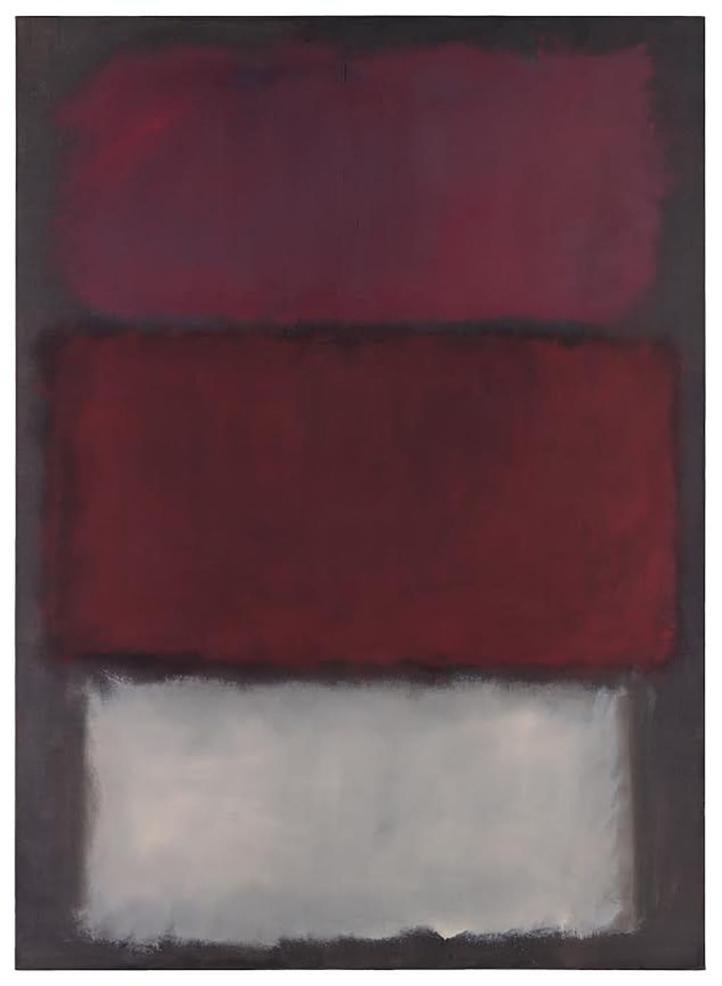 Abstract painting with three horizontal rectangles in dark red, crimson, and white against a deep black background.