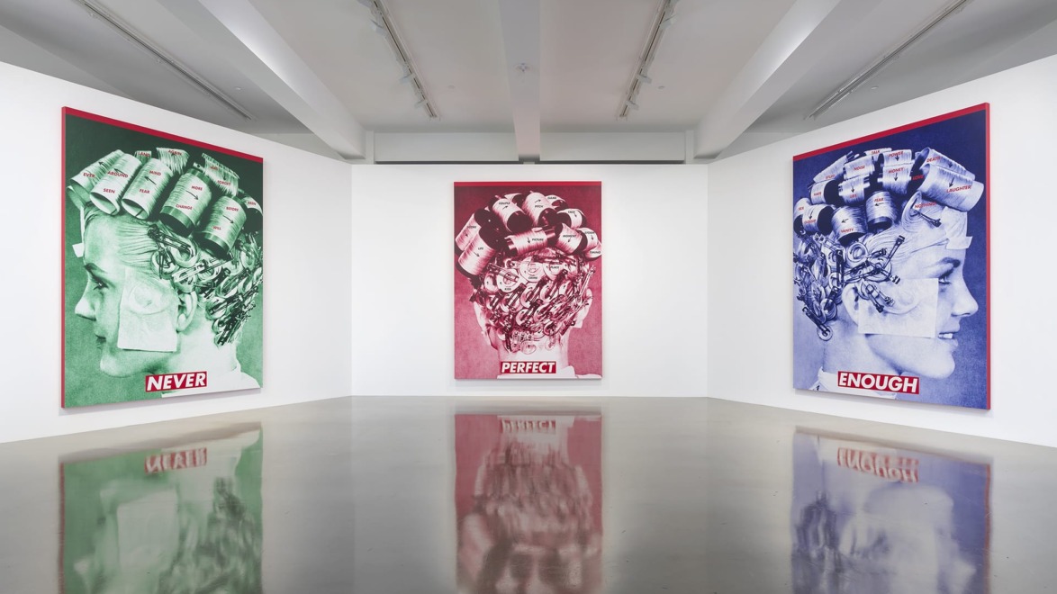 Gallery with three large artworks showing a woman's head in curlers, with text: "Never Perfect Enough" in various colors.