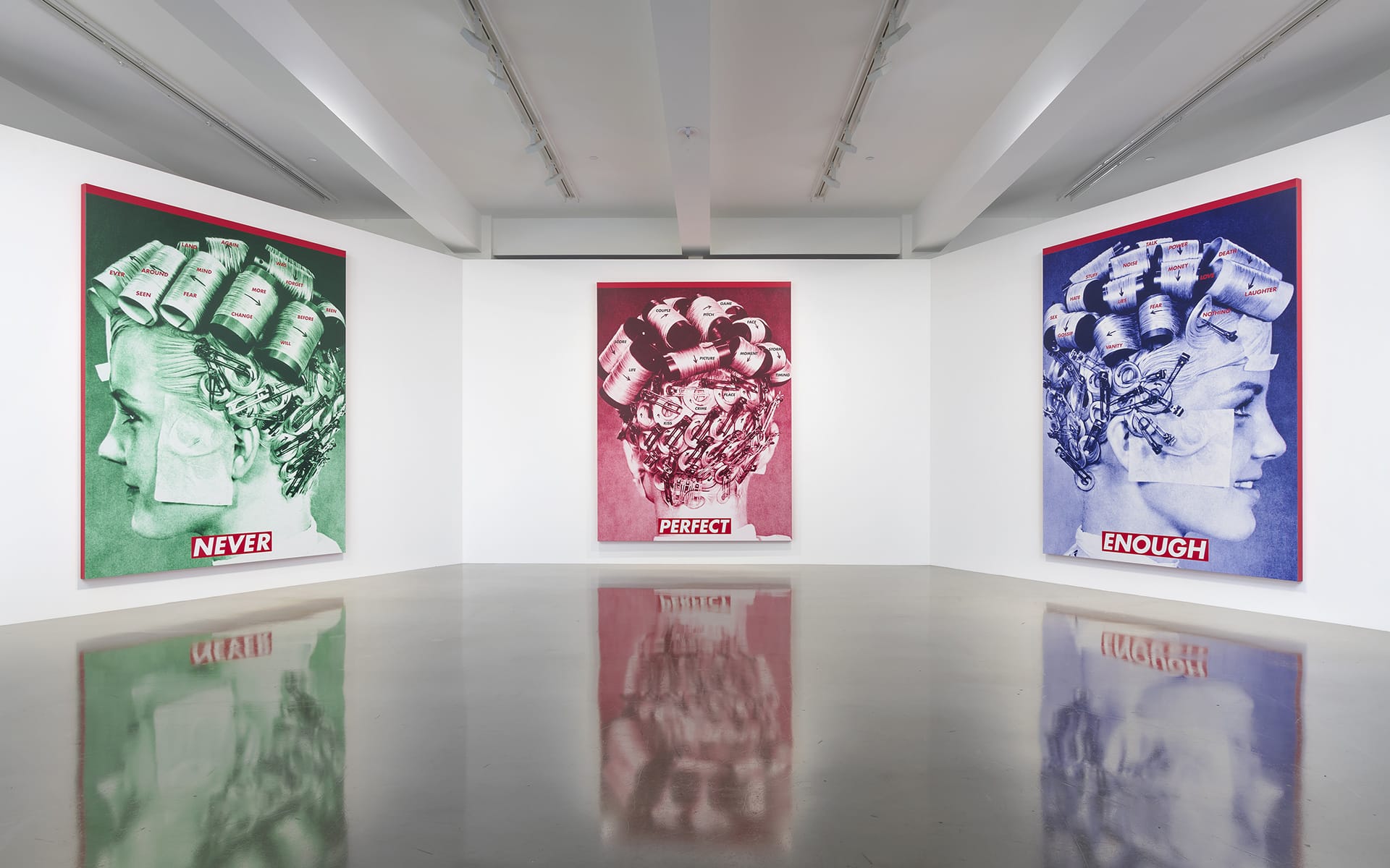 Gallery with three large artworks showing a woman's head in curlers, with text: "Never Perfect Enough" in various colors.