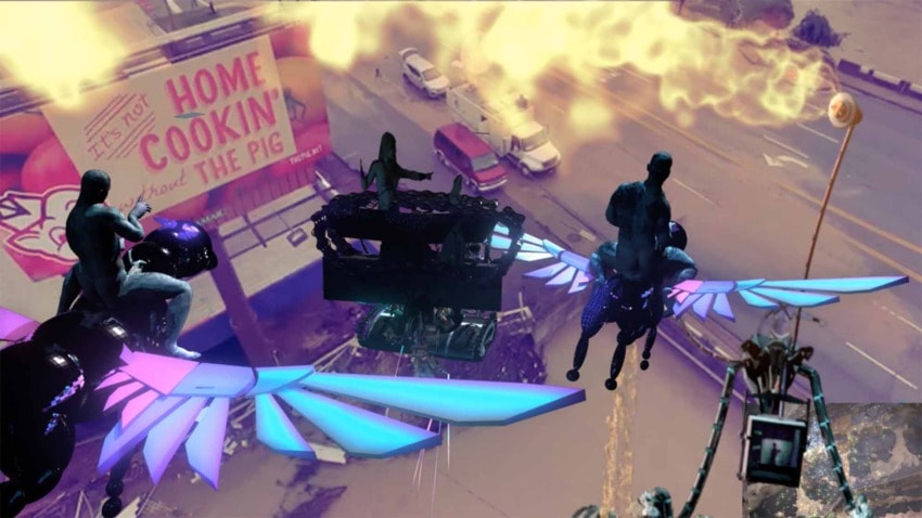 Surreal scene of people riding winged creatures above a city street with a billboard and flames in the background.