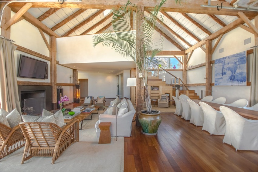 Spacious living room with vaulted ceiling, wooden beams, modern furniture, fireplace, and large potted plant.