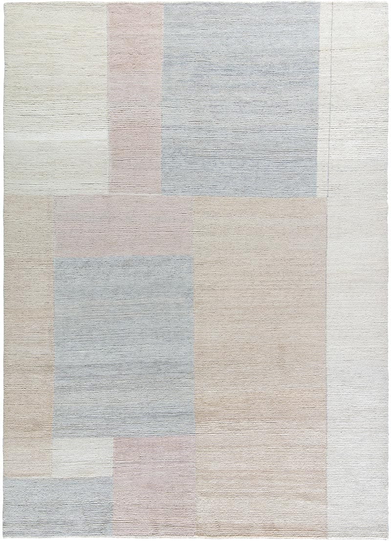 Geometric pattern rug with soft pastel colors and intersecting rectangular shapes.