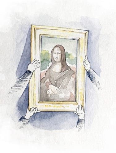 Hands holding a framed painting of a famous portrait in a watercolor style.