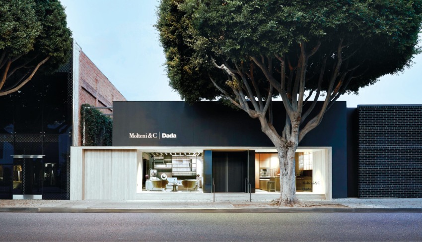 Modern storefront of Molteni&C Dada with large glass windows surrounded by trees on a quiet, urban street.
