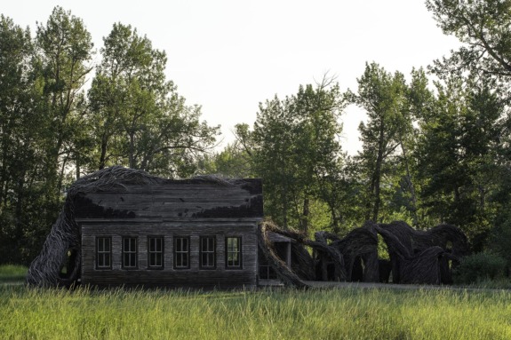 Abandoned wooden house overgrown with vines in a field, surrounded by tall green trees under a clear sky.