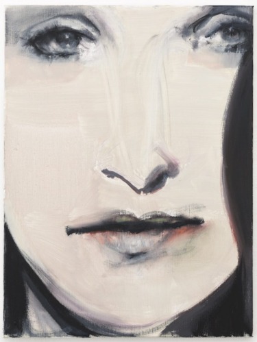 Abstract close-up painting of a woman's face with a focus on eyes and lips in soft, muted colors.