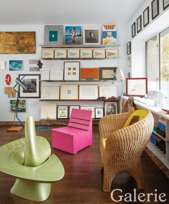 Works by artists such as Mika Rottenberg, Peter Hujar, Pope.L, and Paul Thek line shelves in Schachter's office, where a prototype for a seating element by Zaha Hadid is grouped with a pink Mary Heilmann chair and a wicker armchair by the Campana Brothers; the floor lamp at left is by Martino Gamper.