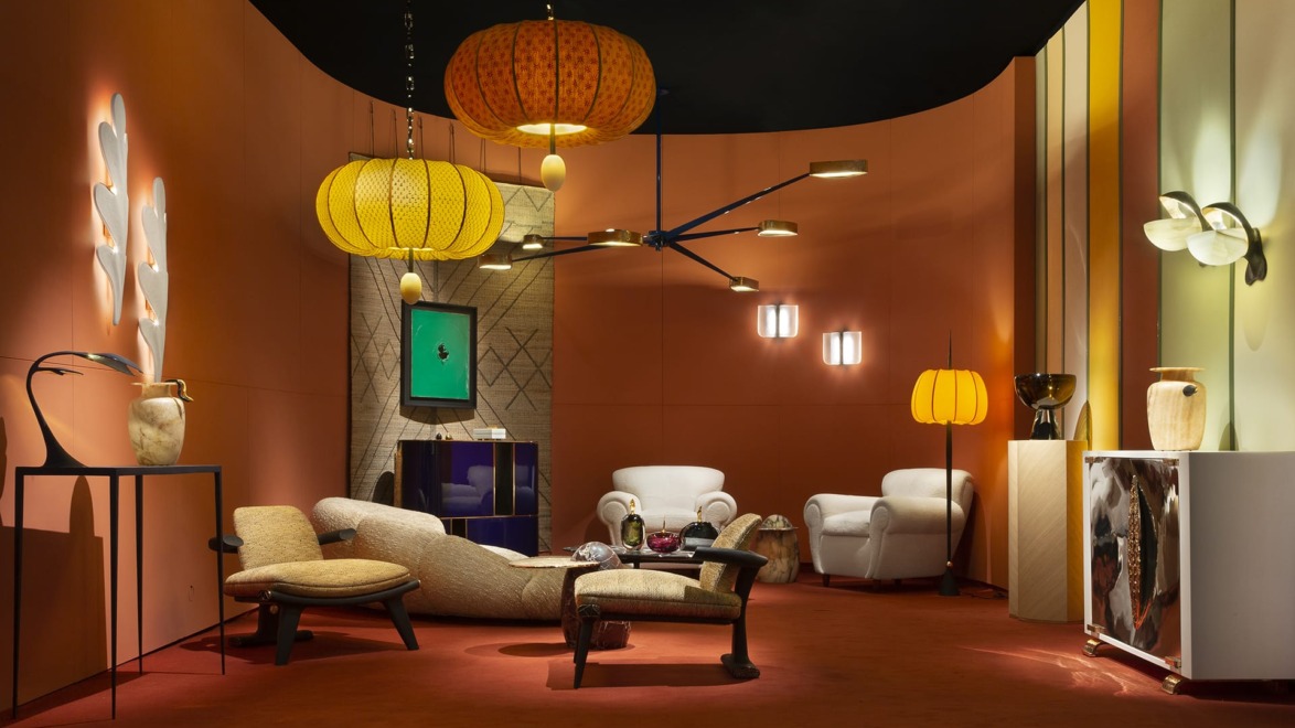 Retro-style living room with vintage furniture, warm lighting, eclectic decor, and unique art pieces on an orange-toned backdrop.