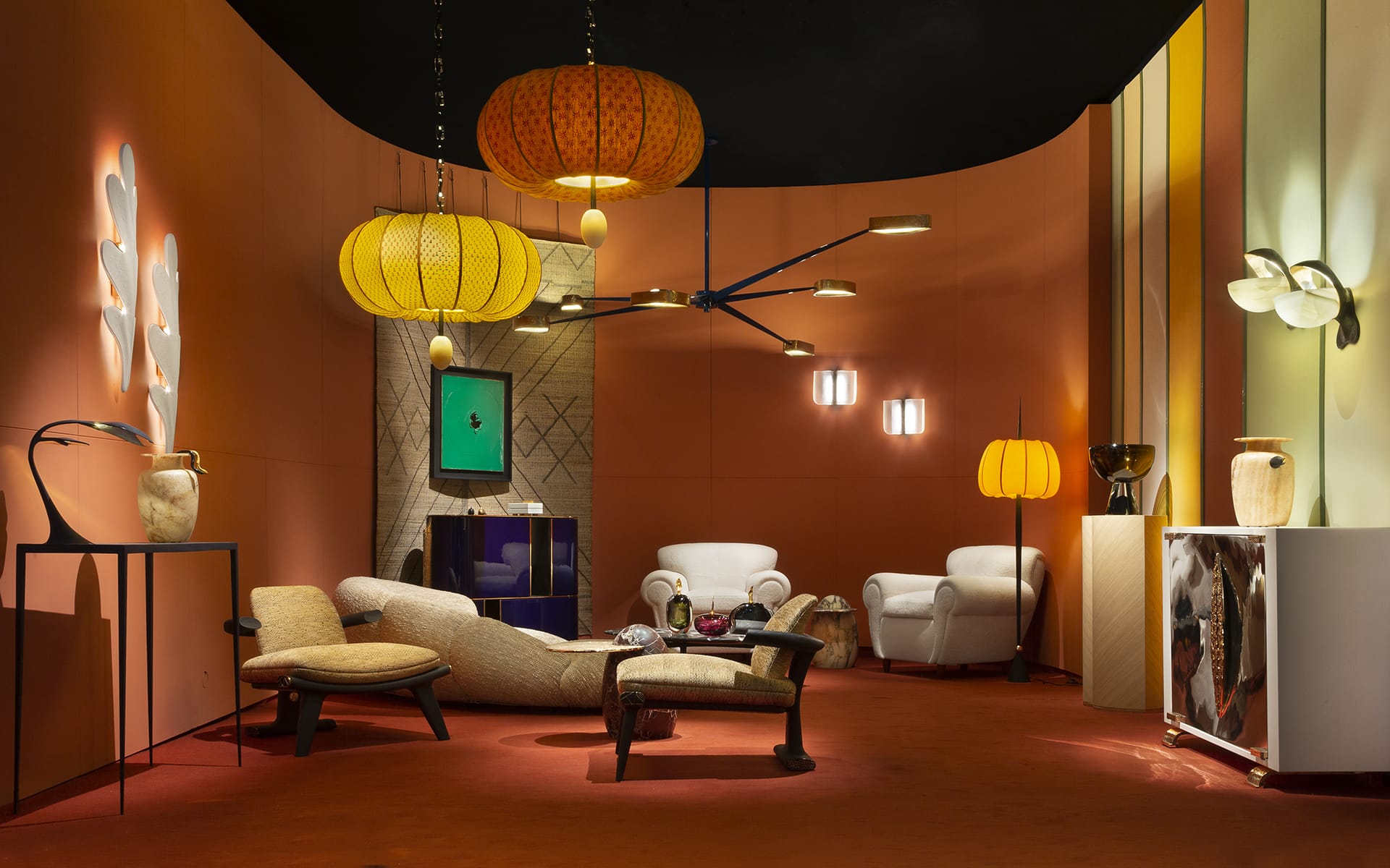Retro-style living room with vintage furniture, warm lighting, eclectic decor, and unique art pieces on an orange-toned backdrop.