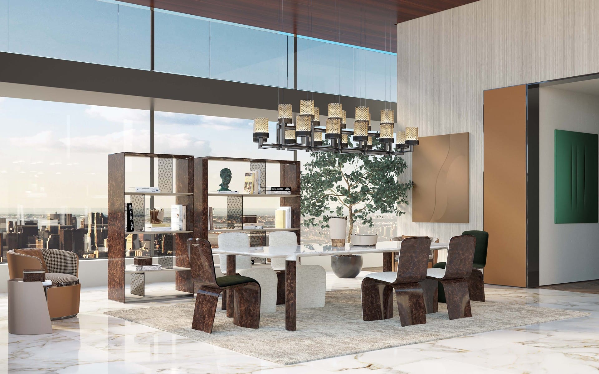 Modern dining room with city view, elegant furniture, decorative chandelier, and marble floor.