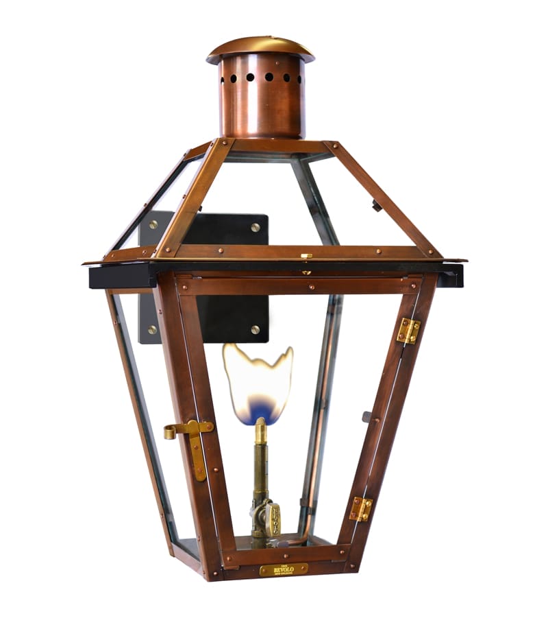 Copper outdoor lantern with clear glass panels and a visible flame burner inside.