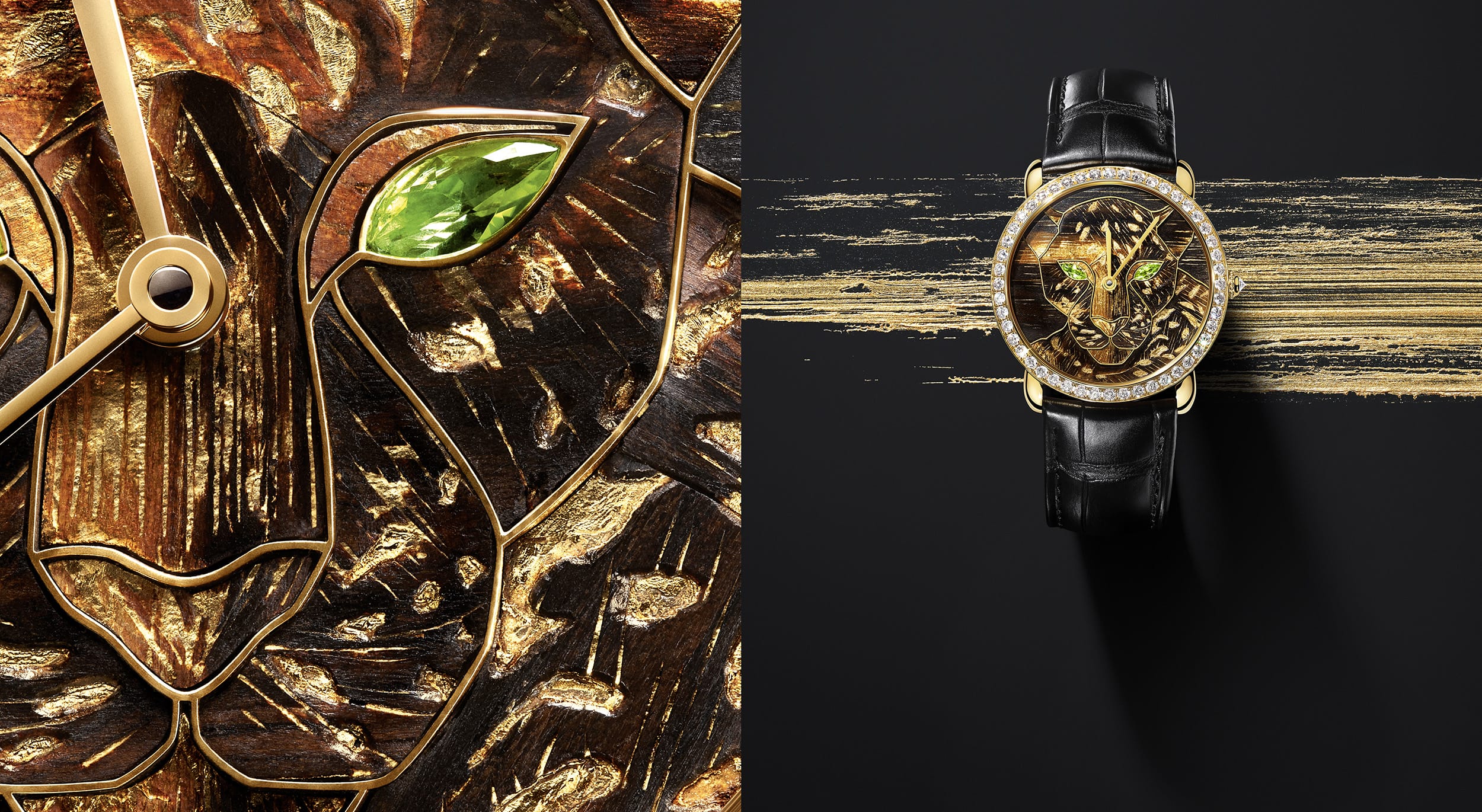 Luxury watch with a panther design featuring a green gemstone eye, displayed on a background with gold accents.