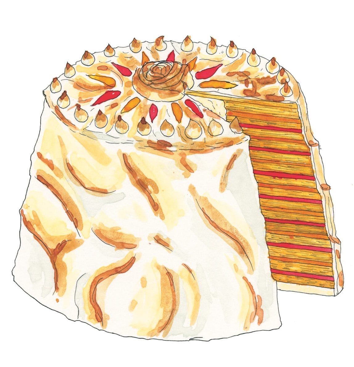 Illustration of a cake with decorative top featuring icing, a rosette, and colorful accents, with a slice showing its layers.