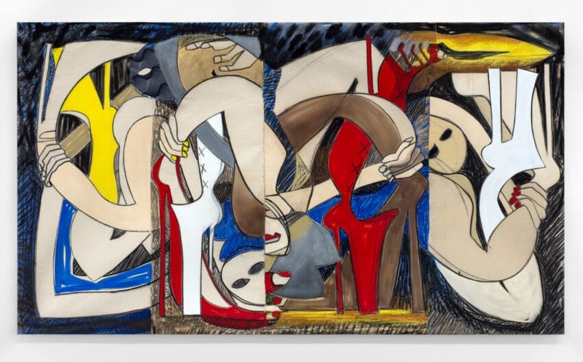 Abstract artwork featuring intertwined figures and high heels in bold colors like red, yellow, and blue.