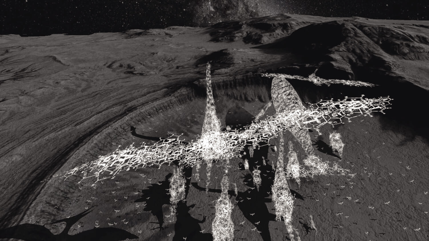 Futuristic cityscape with glowing geometric structures on a rugged lunar-like surface under a starry night sky.