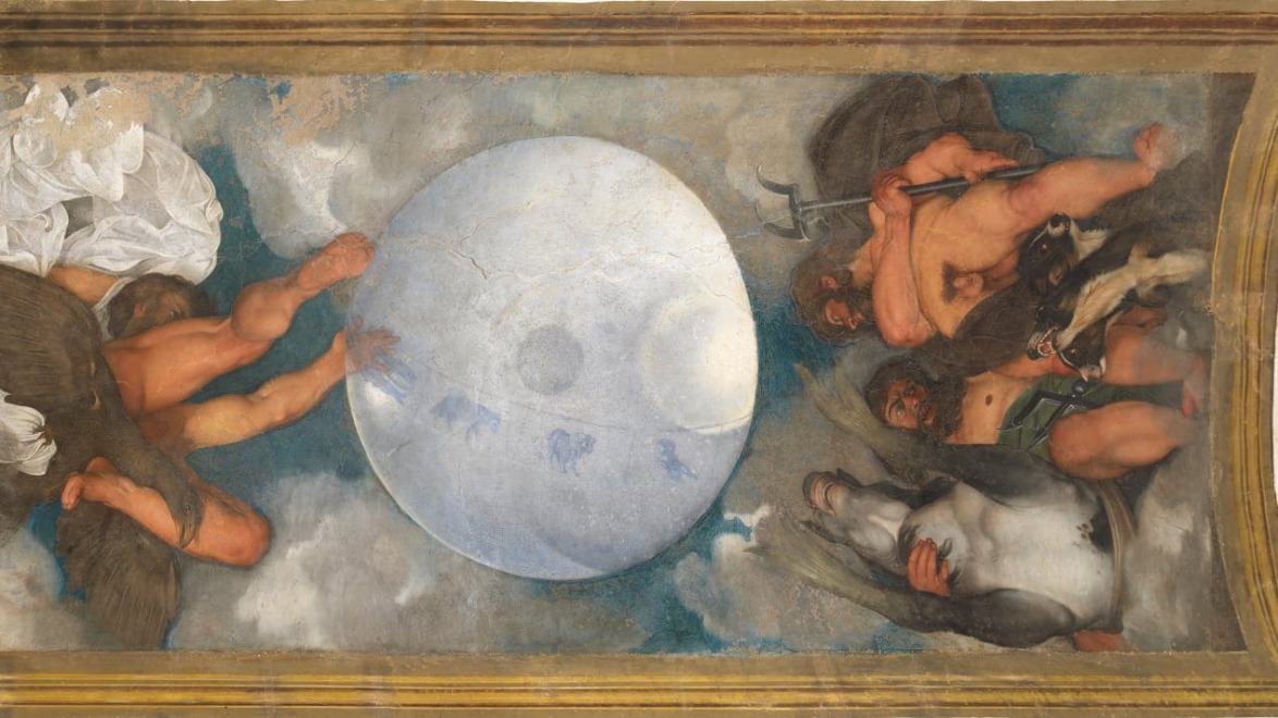Ceiling fresco depicting mythological figures surrounding a large central orb, with dynamic poses and rich colors.