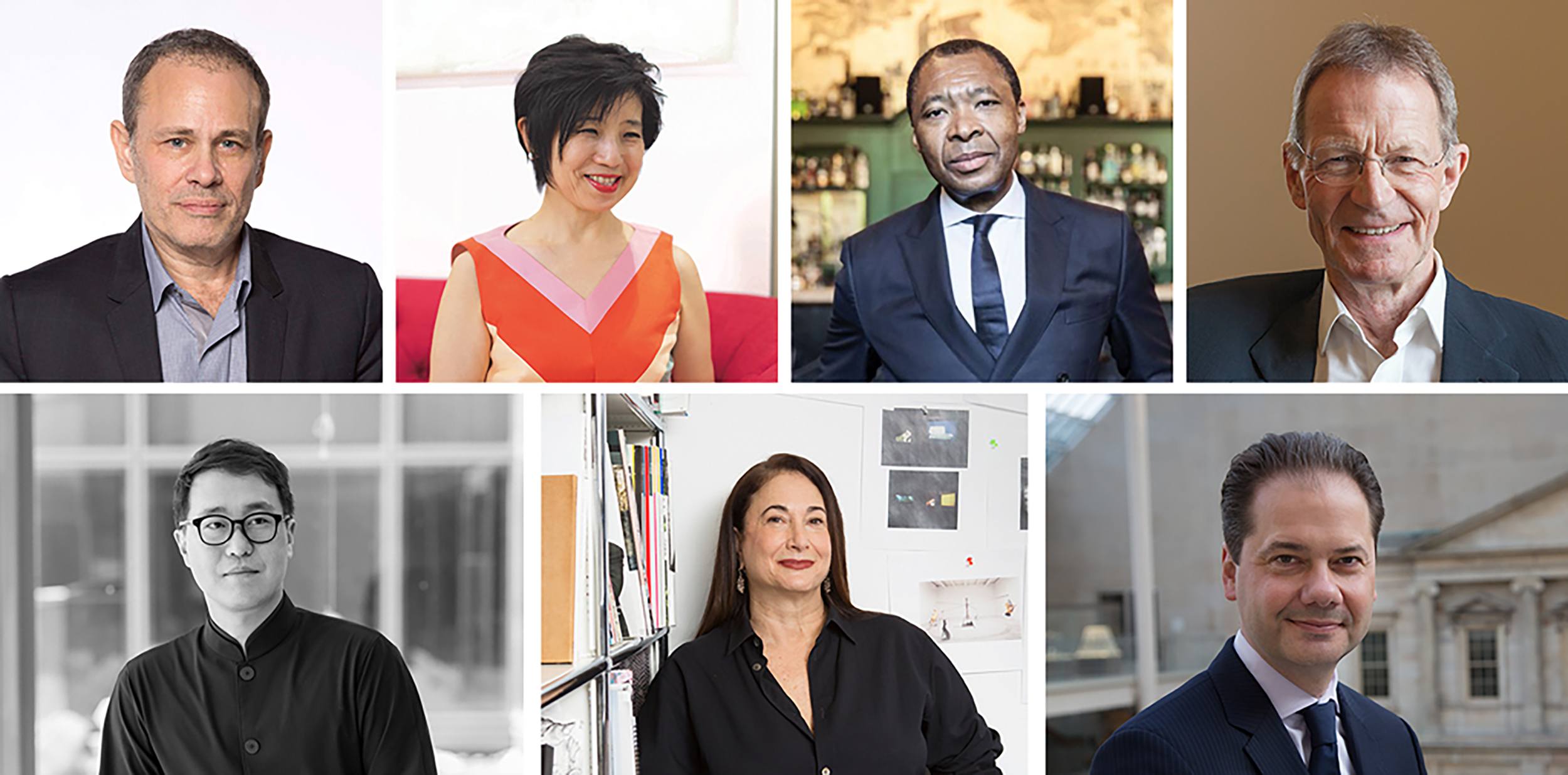 A diverse group of seven people in formal attire, each in separate images, with various backgrounds.