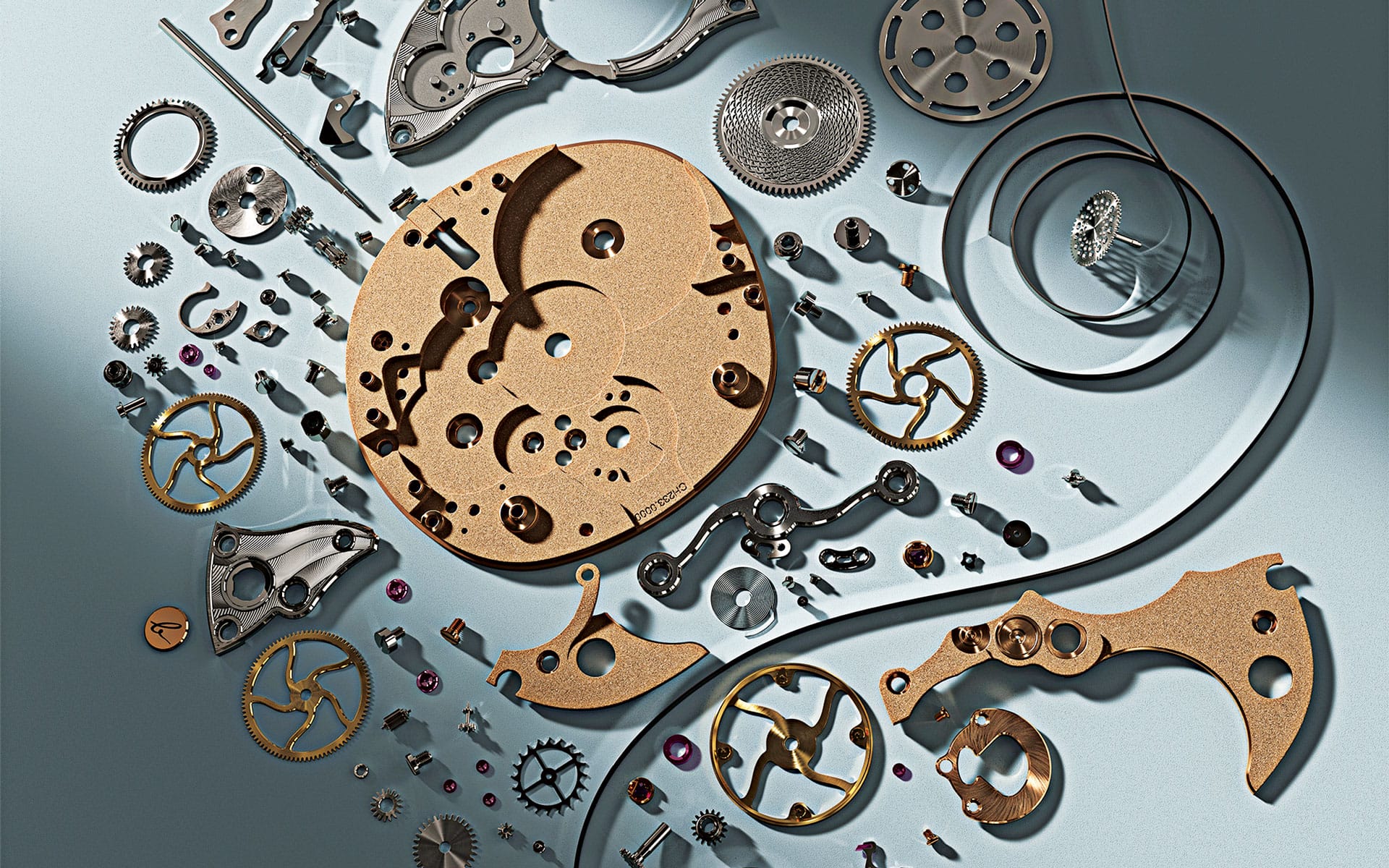 Disassembled watch parts and gears arranged on a light blue surface, showcasing intricate mechanical components.