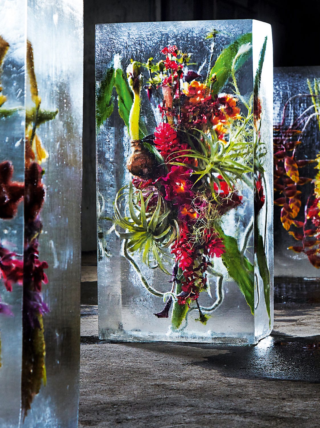 Colorful flowers and green plants encased in a large, clear block of ice displayed on a concrete floor.
