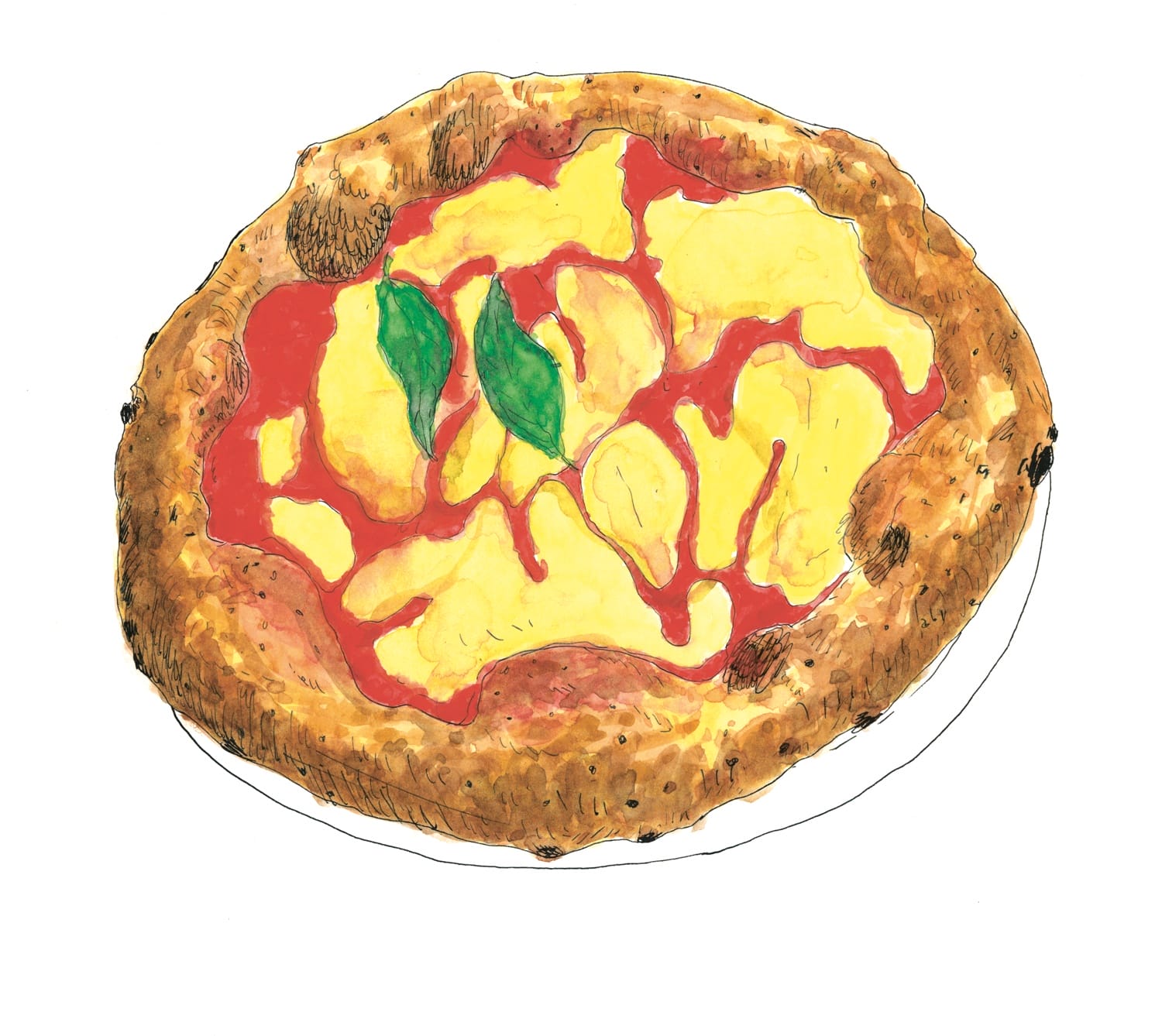 Illustration of a pizza with melting cheese, tomato sauce, and basil leaves on a crispy crust.