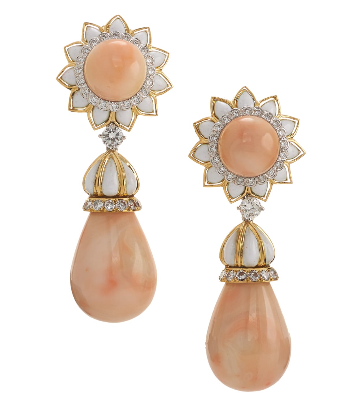 Elegant gold and diamond floral earrings with large peach teardrop stones and intricate detailing.