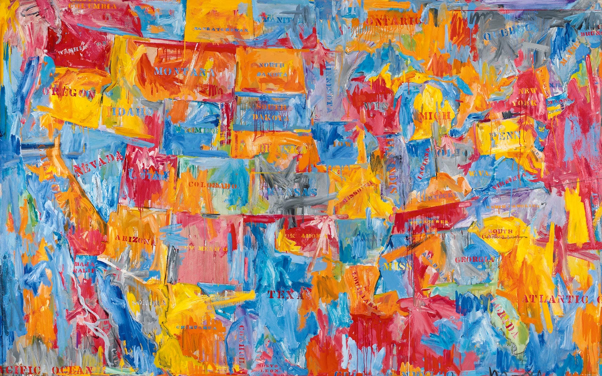 Colorful abstract map of the United States with state names painted in various bright shades of blue, yellow, orange, and red.