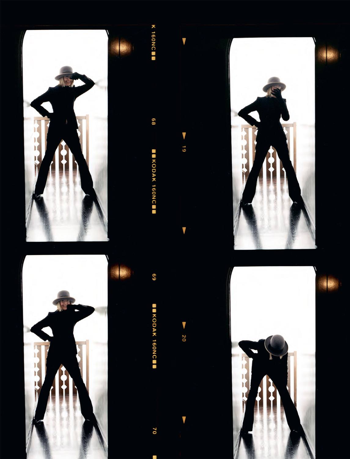 Four silhouettes of a person in various poses wearing a hat against a bright backlit background in a photo strip format.