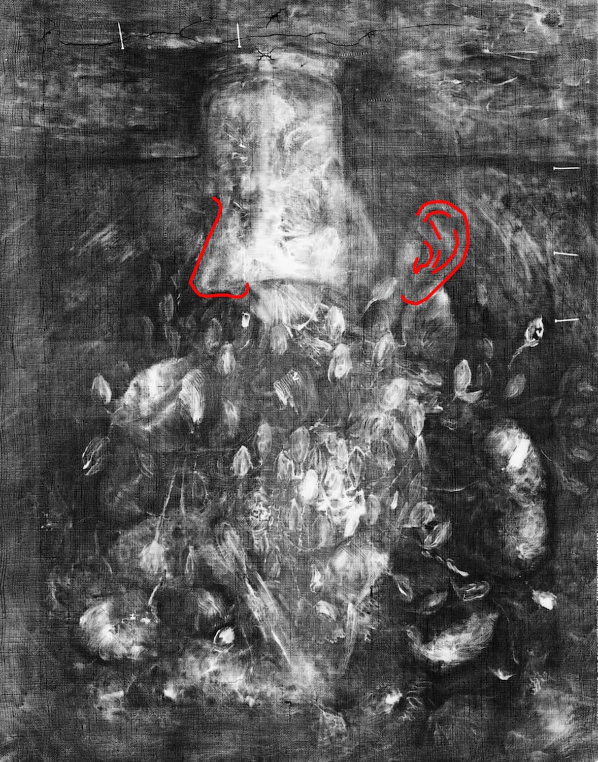 X-ray of a canvas revealing an underlying painting with visible brush strokes and red numbered markings.