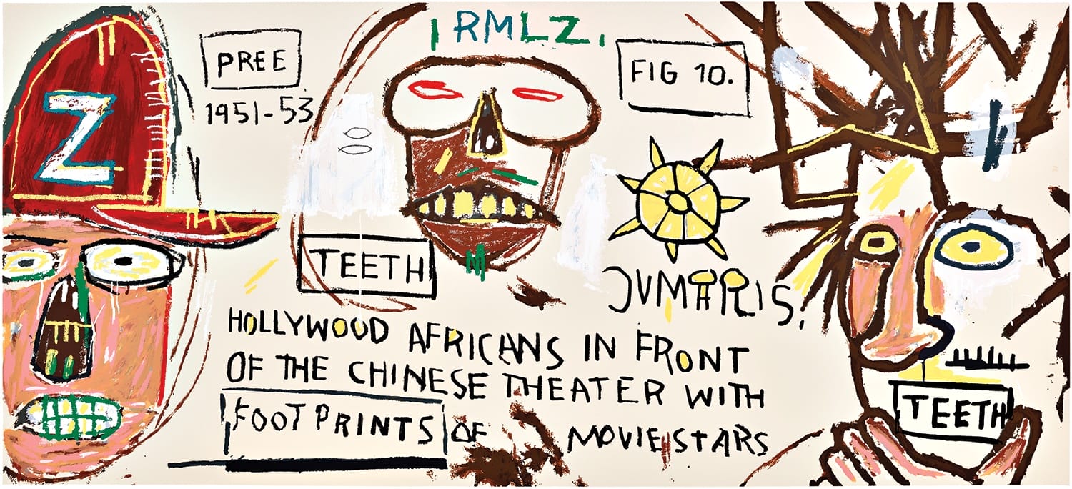 Colorful abstract painting with text and faces, depicting Hollywood Africans in front of the Chinese Theater with movie star footprints.