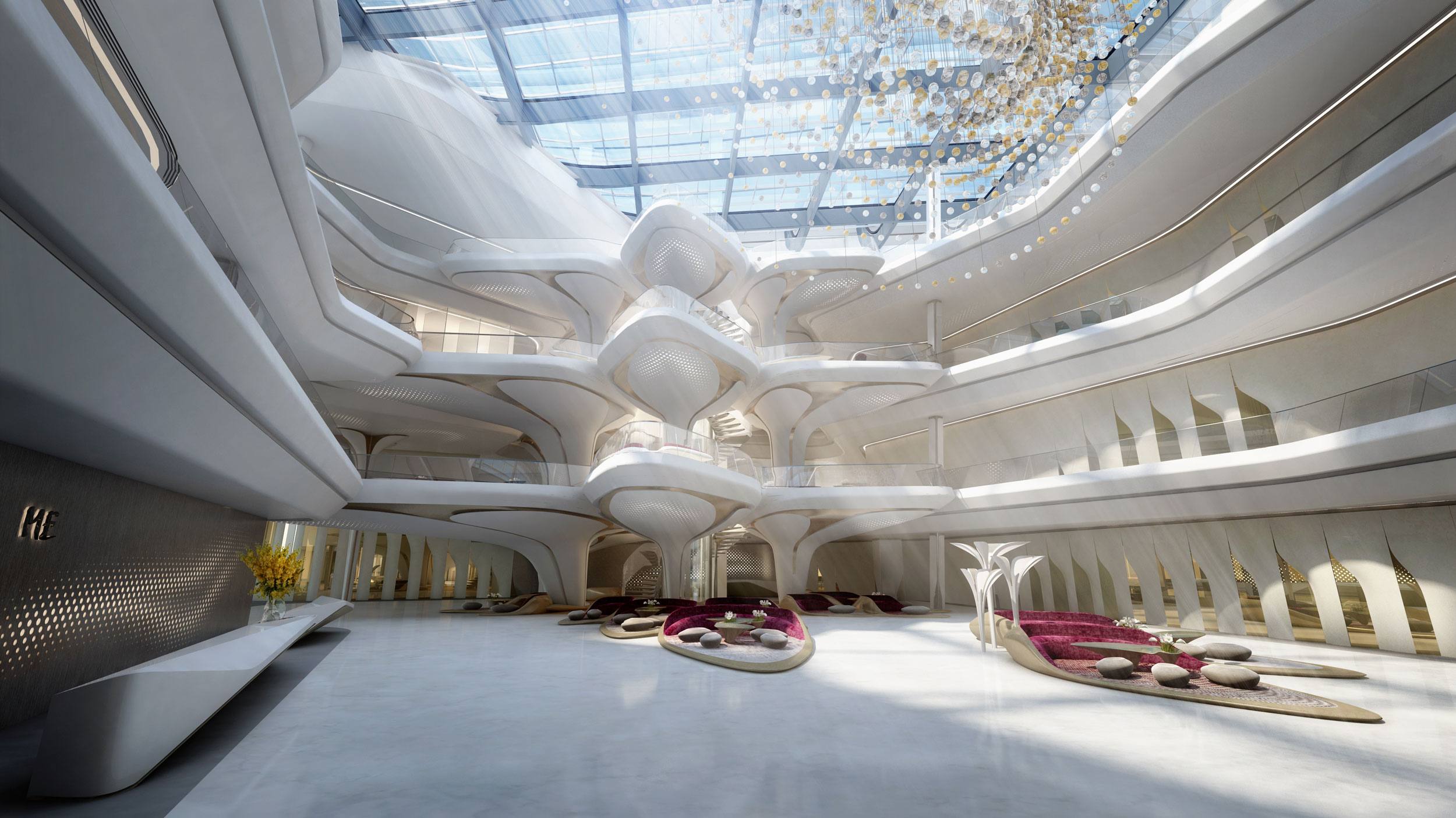 Futuristic architectural interior with sleek, curved designs, natural light from a glass ceiling, and modern decor elements.