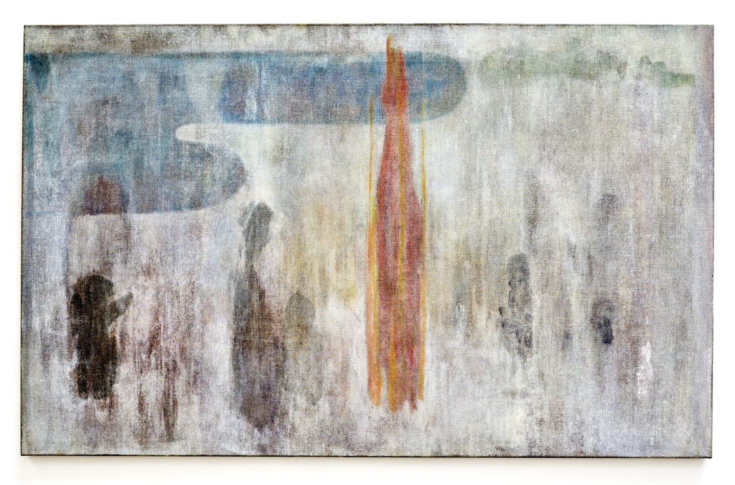 Abstract artwork with muted colors and a central red-orange vertical shape surrounded by various blurred forms and textures