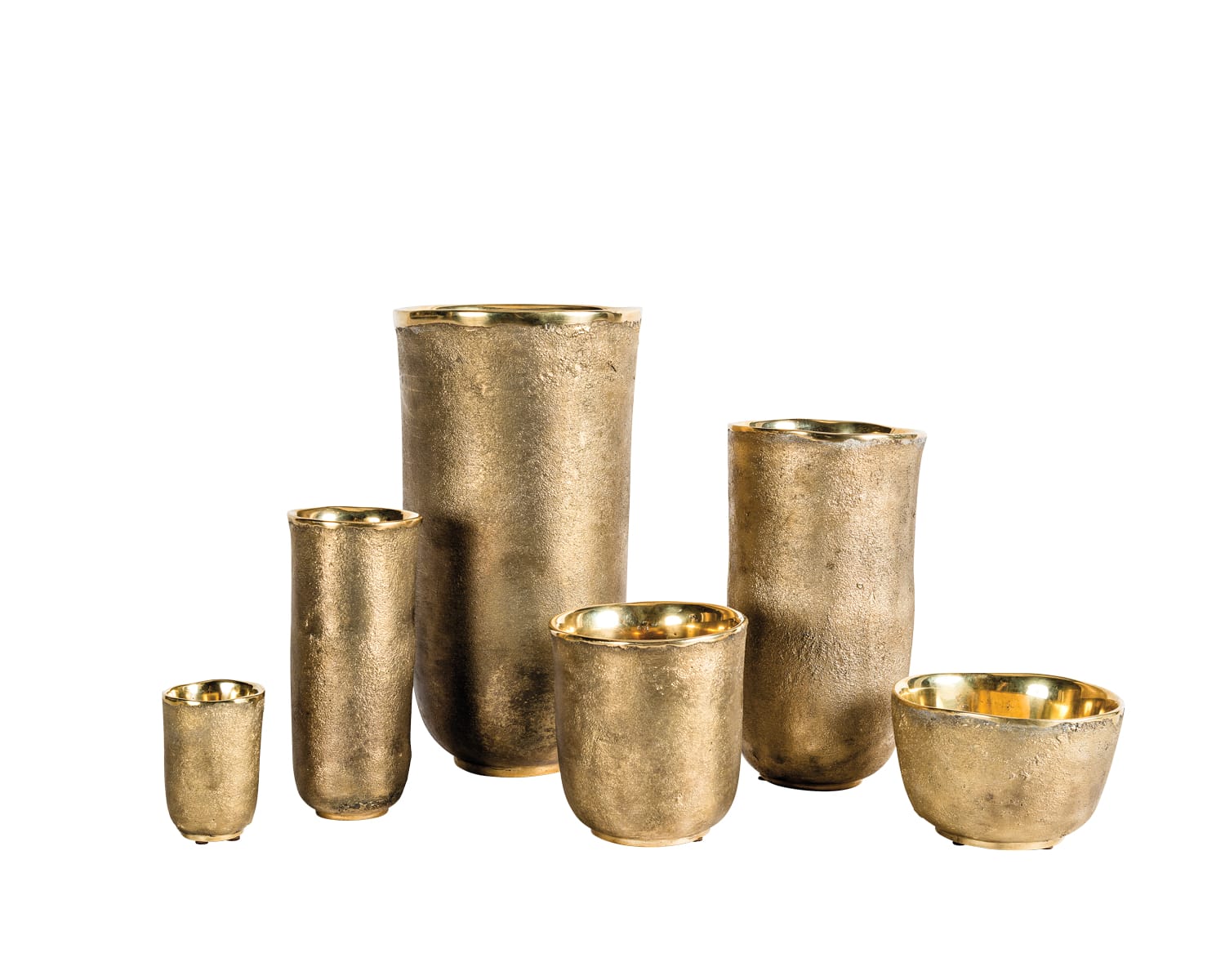 Set of six textured gold vases in varying heights and sizes, arranged in a group on a plain white background.