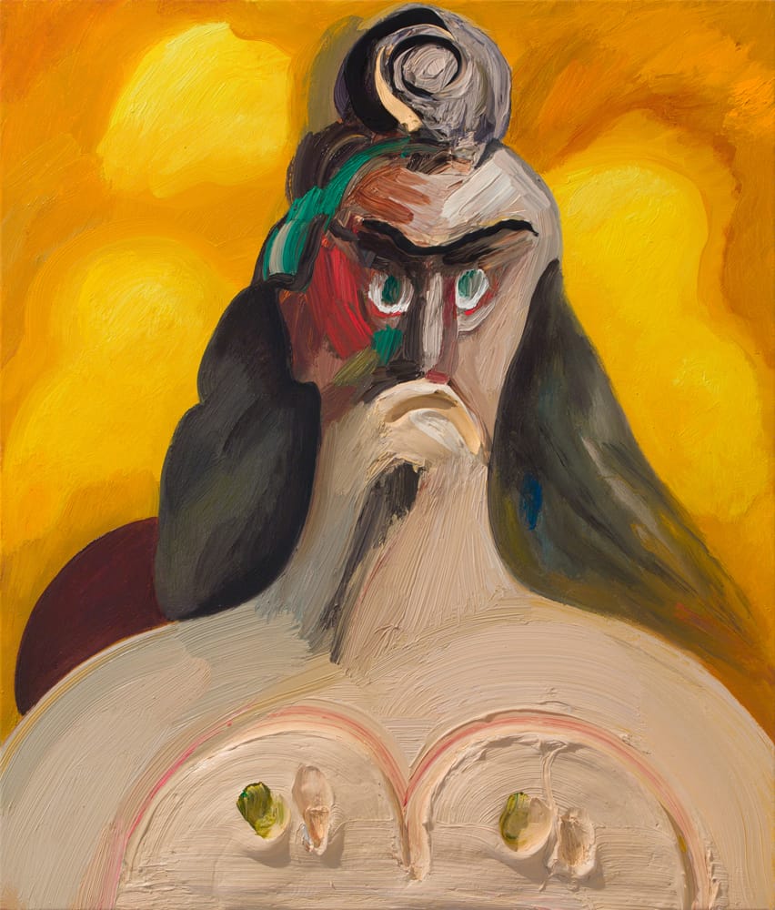 Abstract painting of a figure with a prominent frown, long hair, and orange background conveying strong emotions.