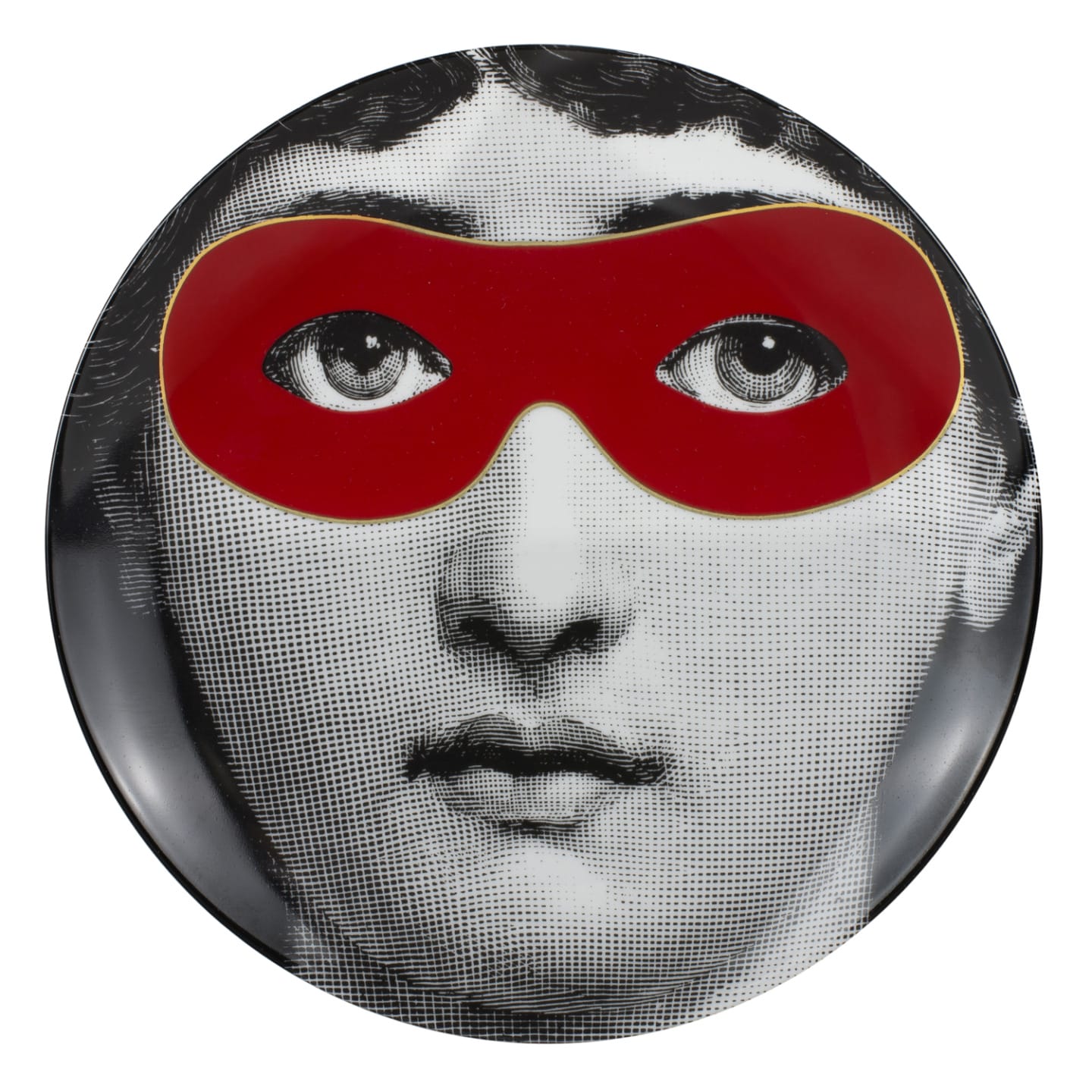 Artistic plate featuring a grayscale face with a bold red mask over the eyes, set against a white background.