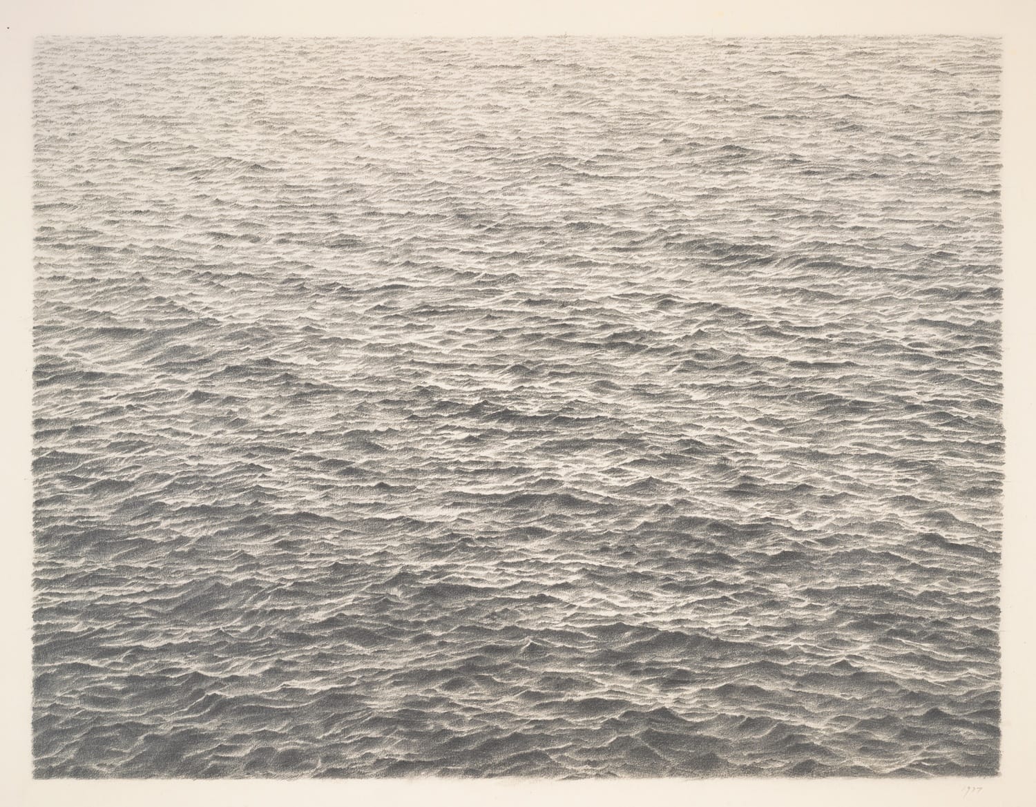 Graphite drawing depicting a calm and expansive ocean with subtle wave textures.