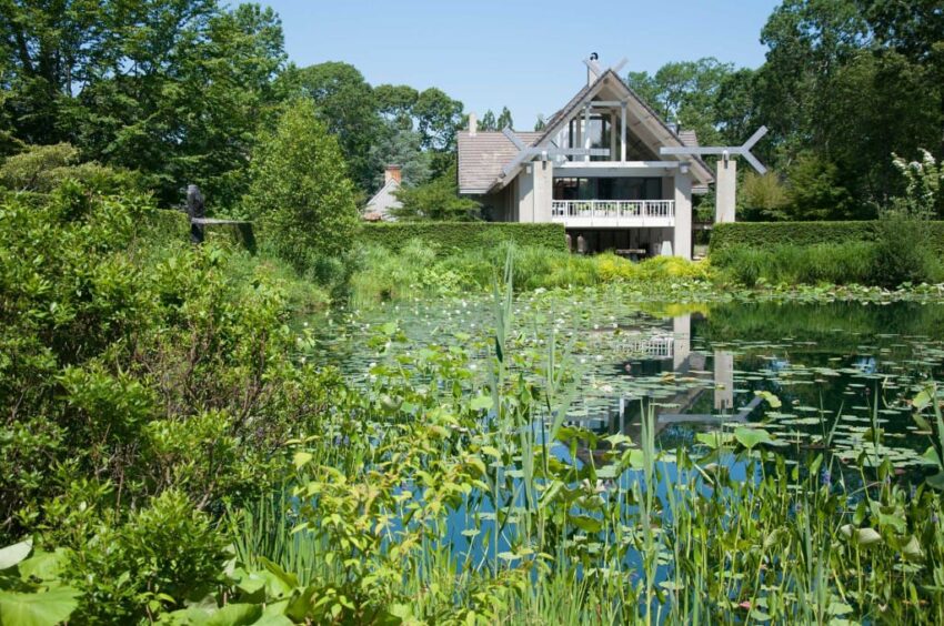 Modern house with large glass windows overlooking a lush green garden and lily pond under a clear blue sky.