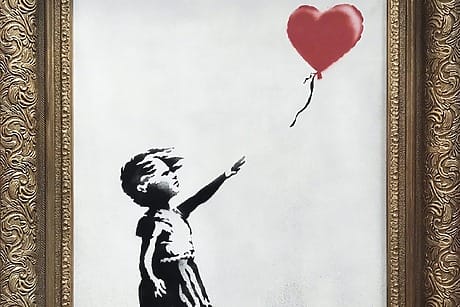 A framed artwork of a child reaching for a red heart-shaped balloon on a white background.