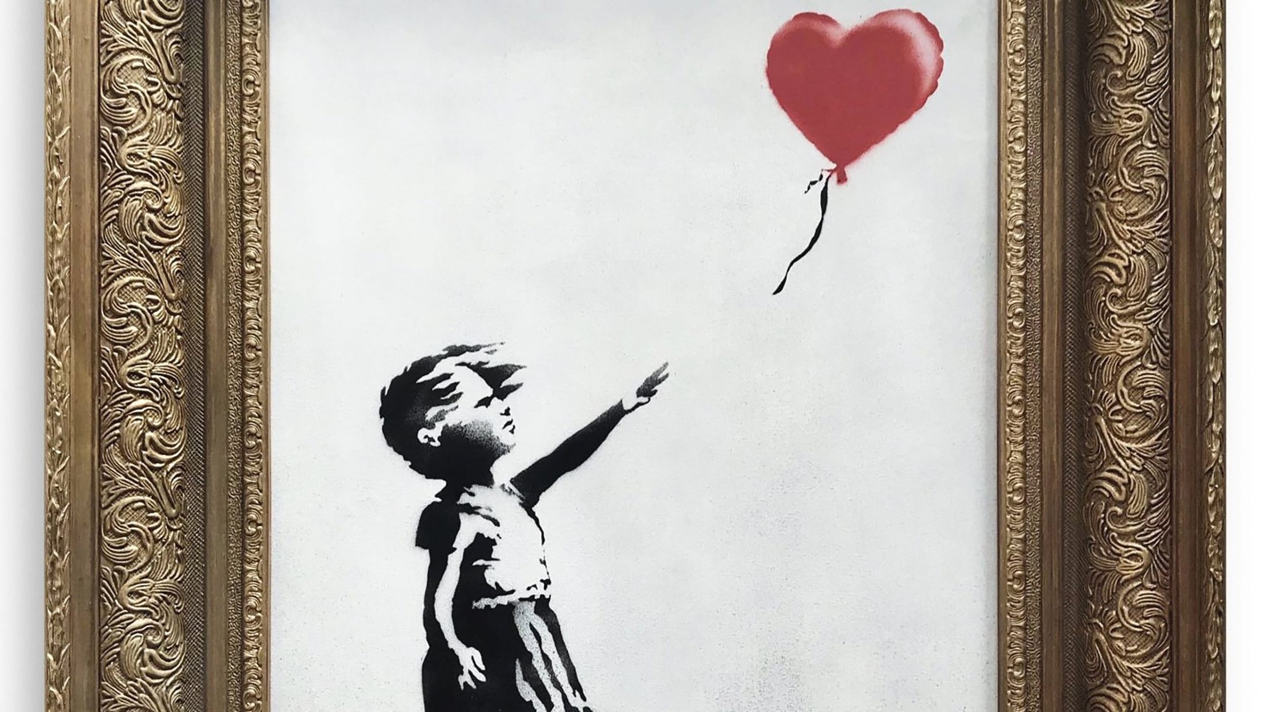 A framed artwork of a child reaching for a red heart-shaped balloon on a white background.