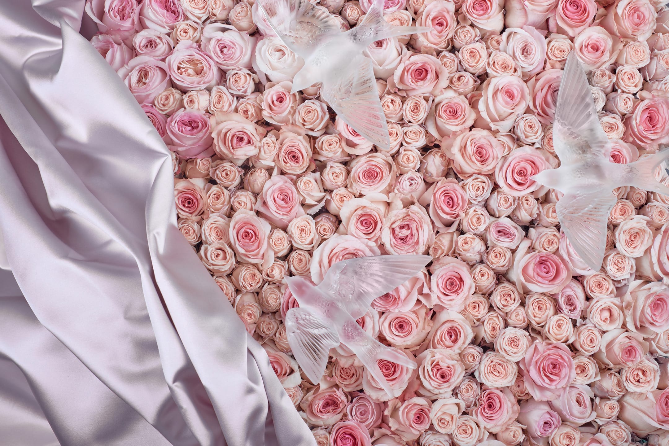 Pink roses with white dove sculptures and a silk fabric backdrop.