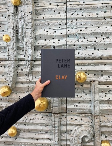 Hand holding a "Peter Lane Clay" book in front of a textured wall with metallic accents.