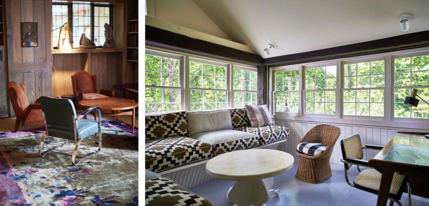 Cozy living rooms with vintage furniture, patterned rugs, and large windows letting in natural light.