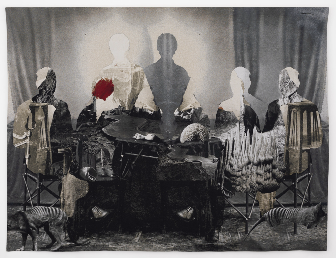 Surreal artwork featuring abstract human figures with various textures and animal elements, sitting around a table.