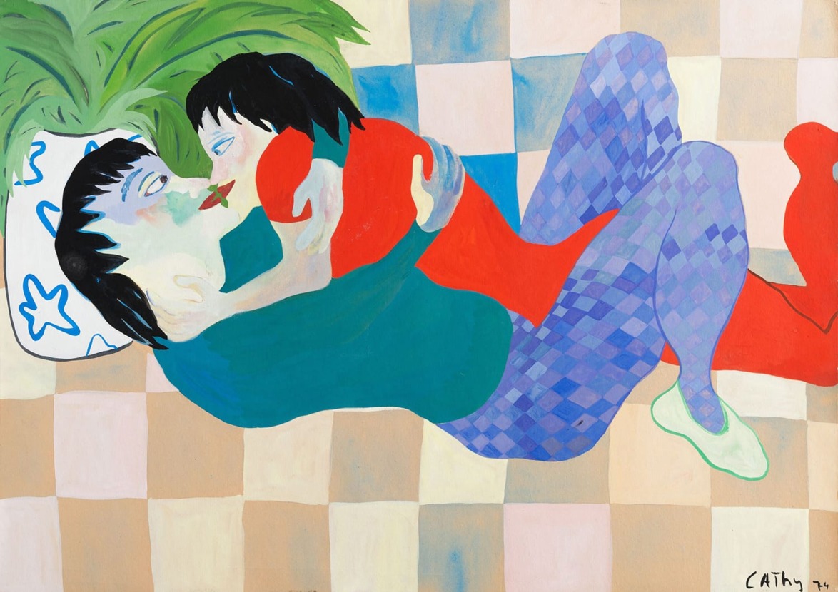 Illustrated couple lying on a checkered floor with vibrant colors and abstract forms, embracing under a leafy plant.
