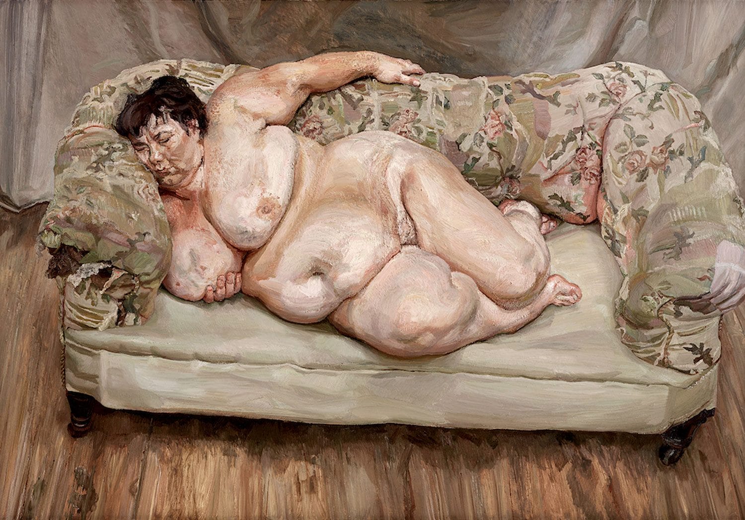 Person reclining on a floral-patterned sofa, depicted in an expressive, realistic painting style.
