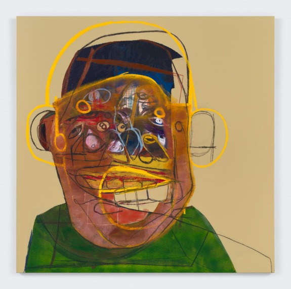 Abstract portrait of a person with bold colors and geometric shapes on a neutral background.