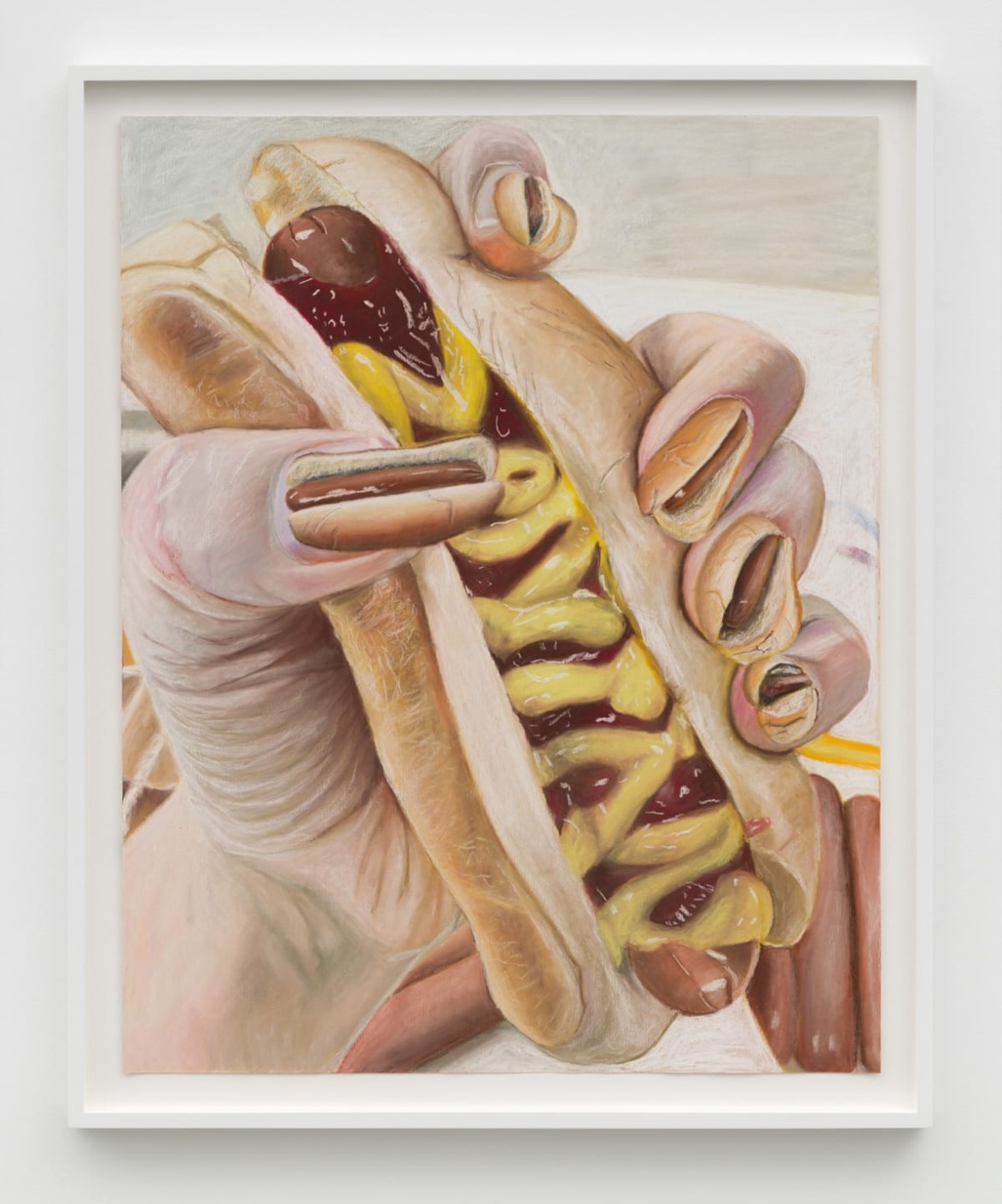 Painting of a hand with painted nails holding a hot dog topped with mustard and ketchup.