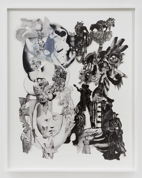 Abstract black and white collage featuring various human and animal figures in a structured artistic composition.