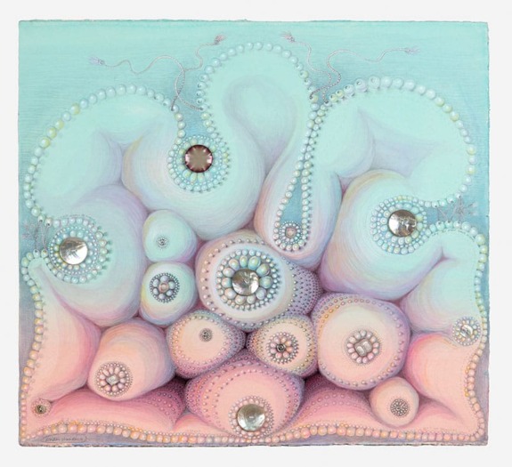 Abstract artwork featuring pastel colors, pearl-like shapes, and shiny gem-like elements forming an intricate, organic pattern.