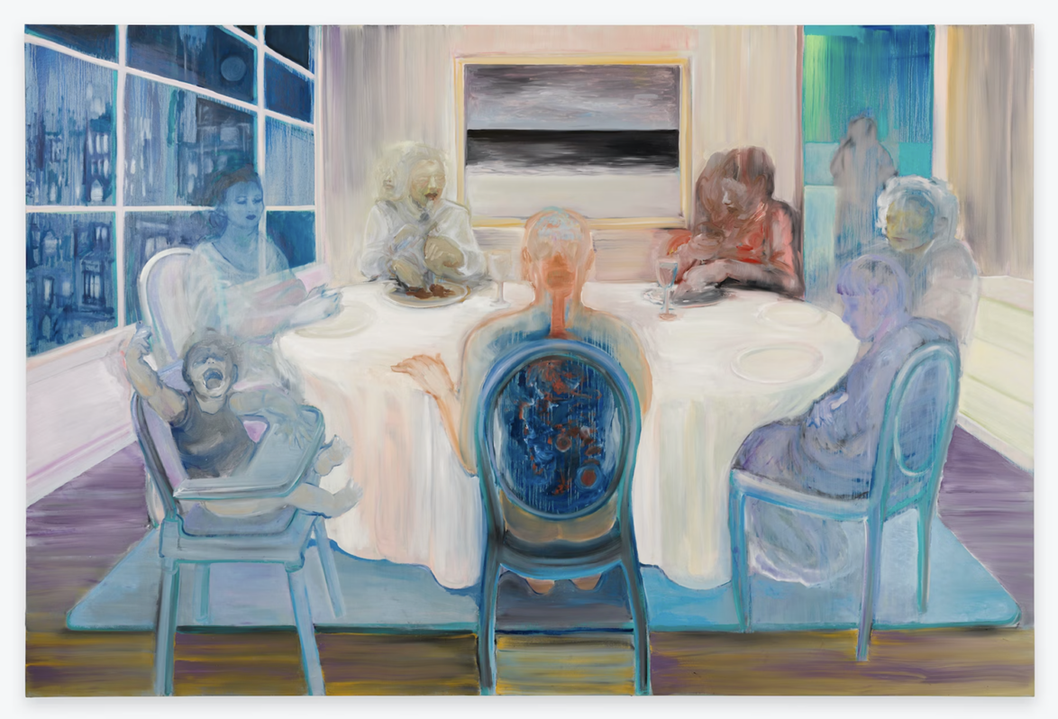 Abstract painting of people sitting around a table, with blue and warm tones suggesting a cityscape in the background.
