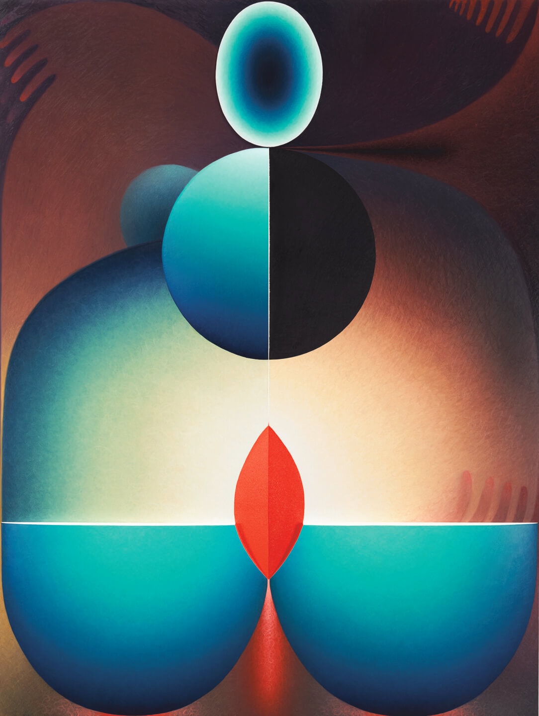 Abstract geometric artwork with luminous spheres and gradient colors, featuring a prominent red leaf shape below the center.